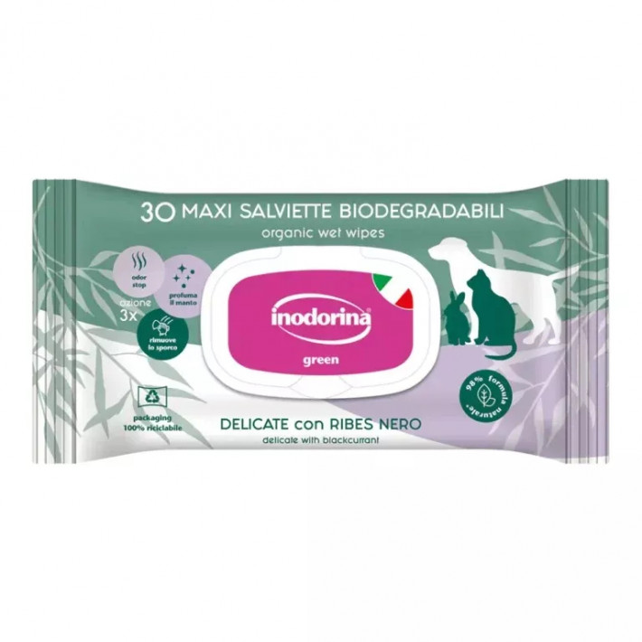 Влажные биоразлагаемые салфетки Inodorina Green Delicate с черной смородиной для собак, кошек и грызунов, 30 шт