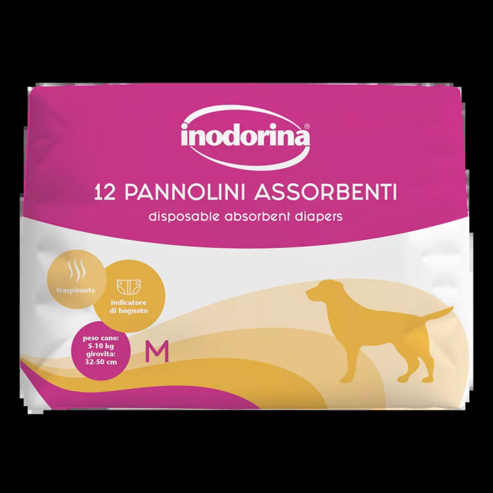 Одноразовые впитывающие подгузники для собак Inodorina Pannolini Assorbenti, размер M, 12 шт.