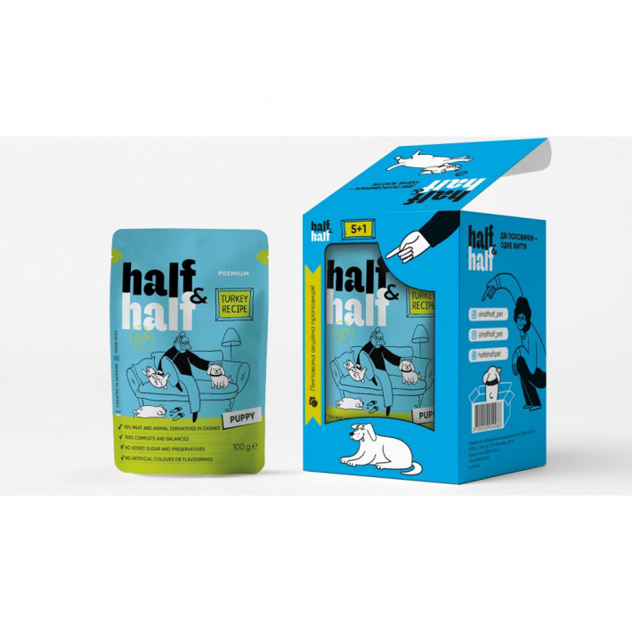 Набір вологих кормів Half&Half для цуценят з індичкою, 6х100 г