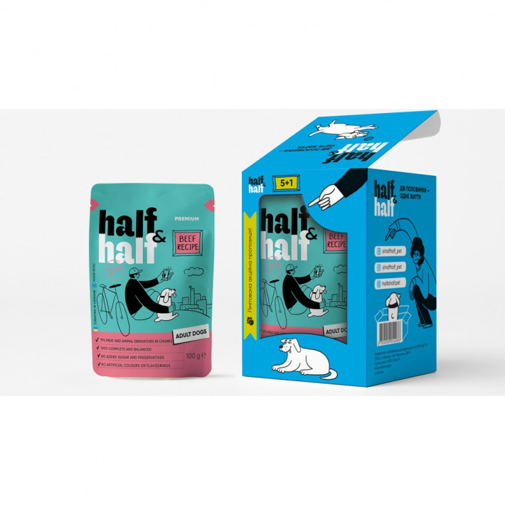 Набір вологих кормів Half&Half 5+1 для дорослих собак, яловичина в соусі
