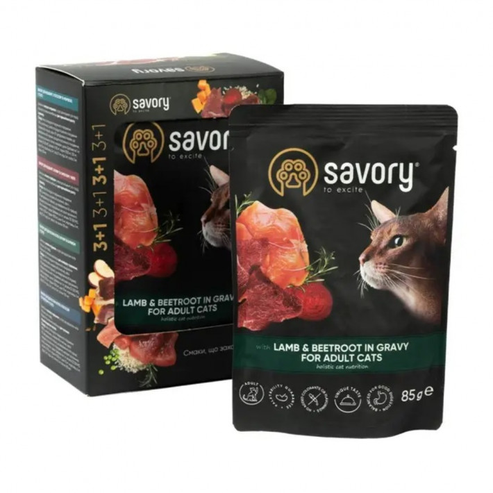Набір вологих кормів Savory Adult Cats with Lamb and Beetroot in Gravy 3+1 для котів - фото №2