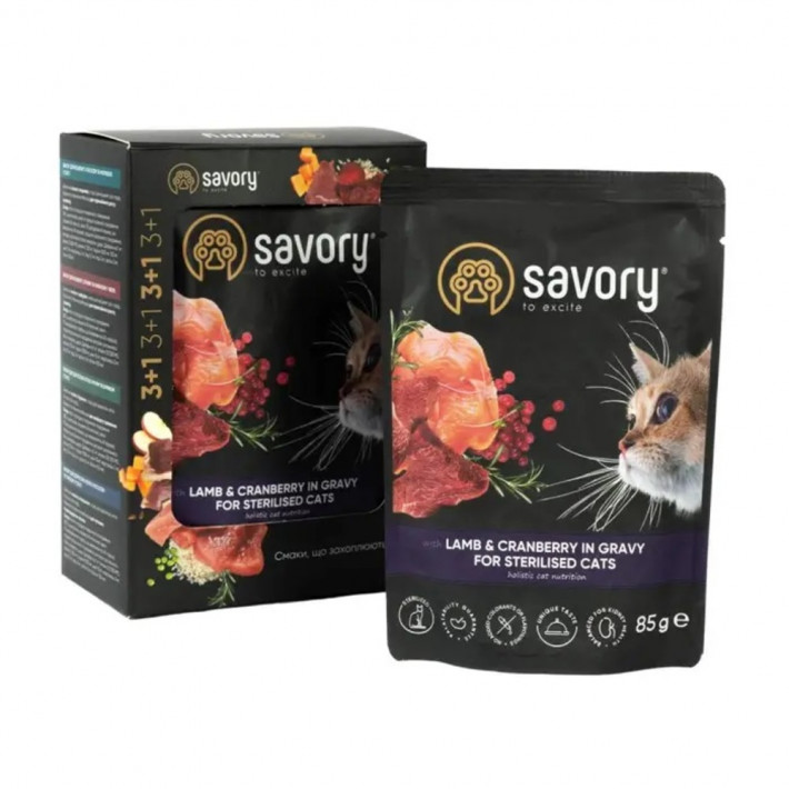 Набір вологих кормів Savory Sterilised Cats with Lamb and Cranberries in Gravy 3+1 - фото №2