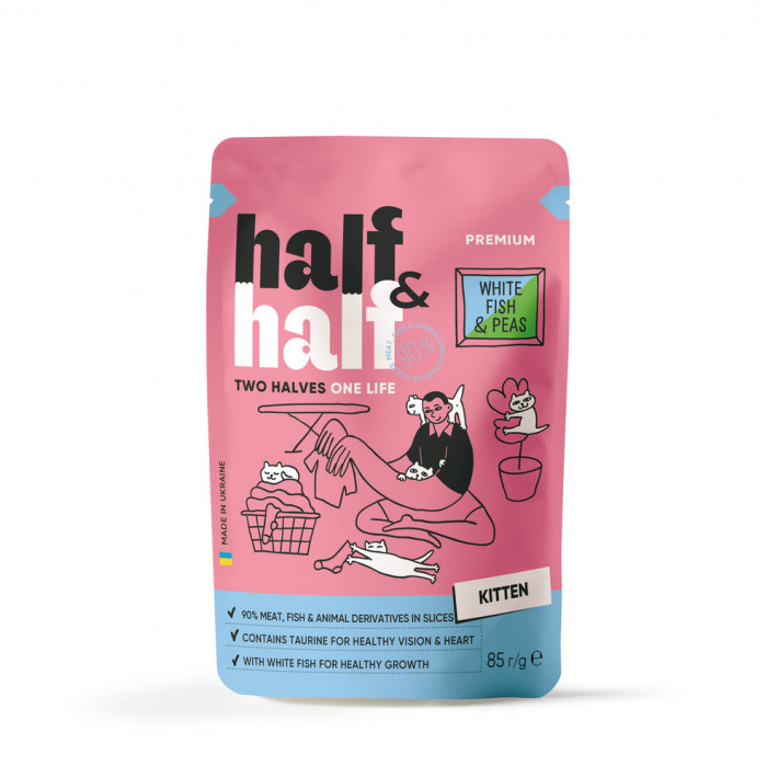 Корм влажный Half&Half для котят с белой рыбой и горошком в желе, 85 г