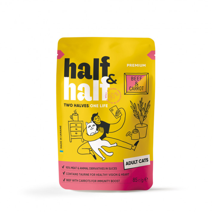Влажный корм для взрослых кошек Half&Half с говядиной и морковью в желе, 85 г
