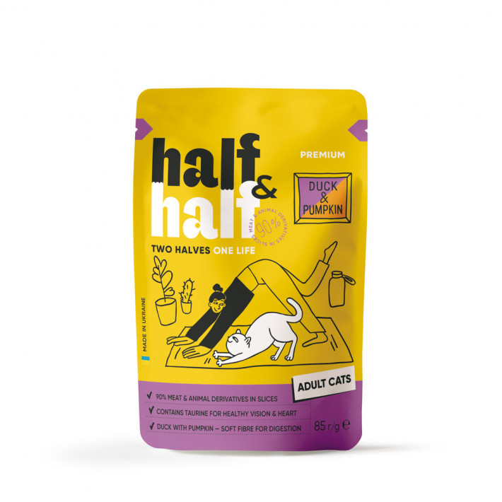 Влажный корм Half&Half для взрослых кошек с уткой и тыквой в соусе, 85 г