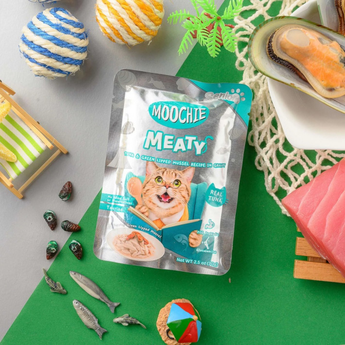 Влажный корм для кошек старше 7 лет Moochie Meaty с тунцом и зеленогубой мидией в соусе, 70 г - фото №3