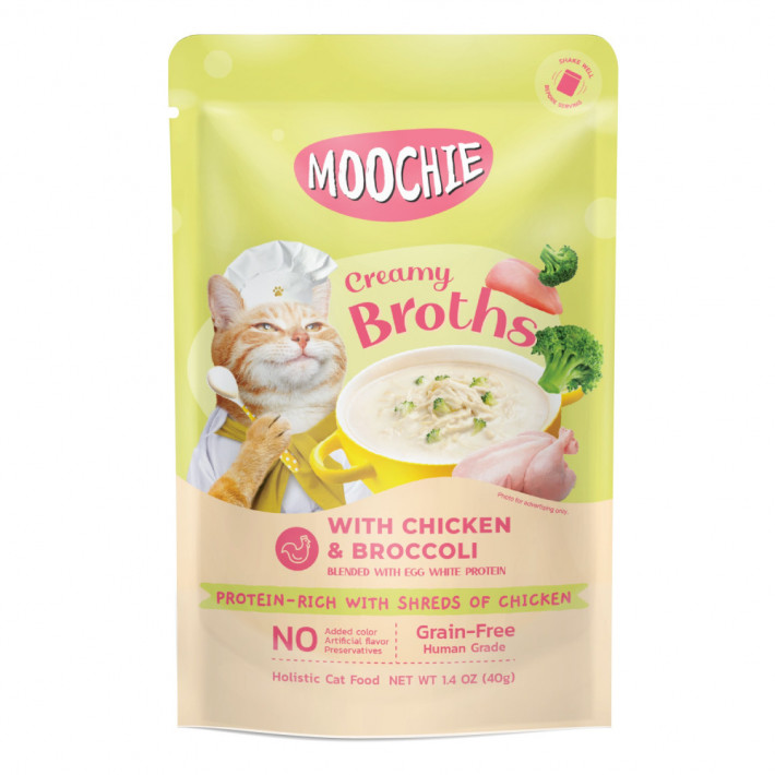 Влажный корм Moochie Creamy Broth кремовый бульон с курицей и брокколи для кошек, 40г