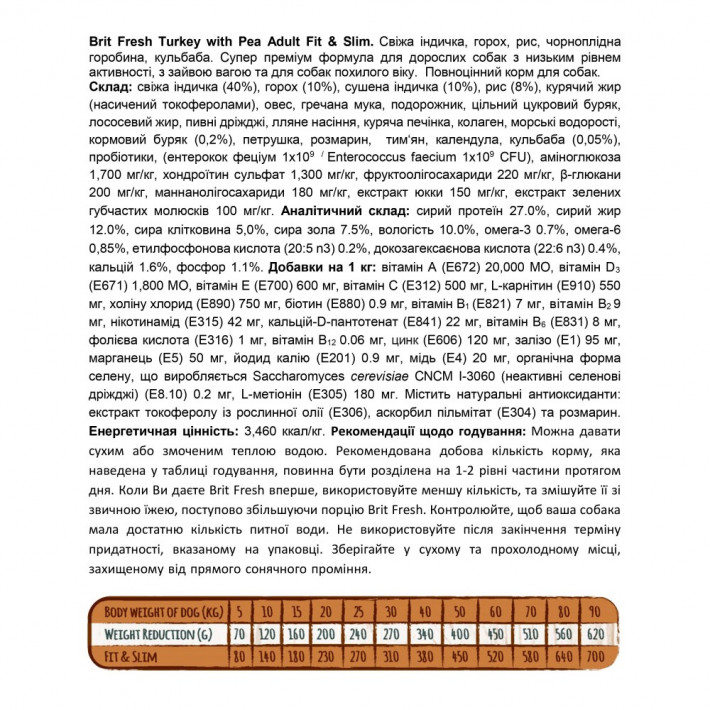 Сухий корм Brit Fresh Turkey/Pea Fit and Slim для собак похилого віку та з зайвою вагою, 2,5 кг - фото №4