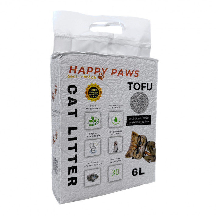 Наполнитель тофу HAPPY PAWS для кошачьих туалетов с активированным углем 6л/2,6кг