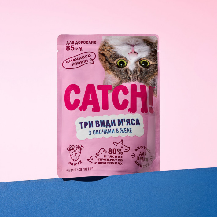 Набор влажного корма Catch! для взрослых кошек, 3 вида мяса с овощами в желе, 24 шт х 85г - фото №4