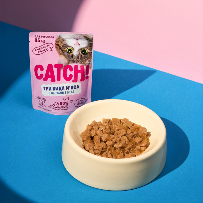 Набор влажного корма Catch! для взрослых кошек, 3 вида мяса с овощами в желе, 24 шт х 85г - фото №5