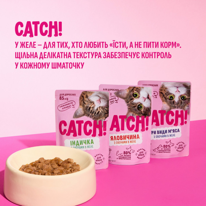 Набір вологого корму Catch! для дорослих котів з яловичиною та овочами в желе, 24 шт по 85г - фото №7