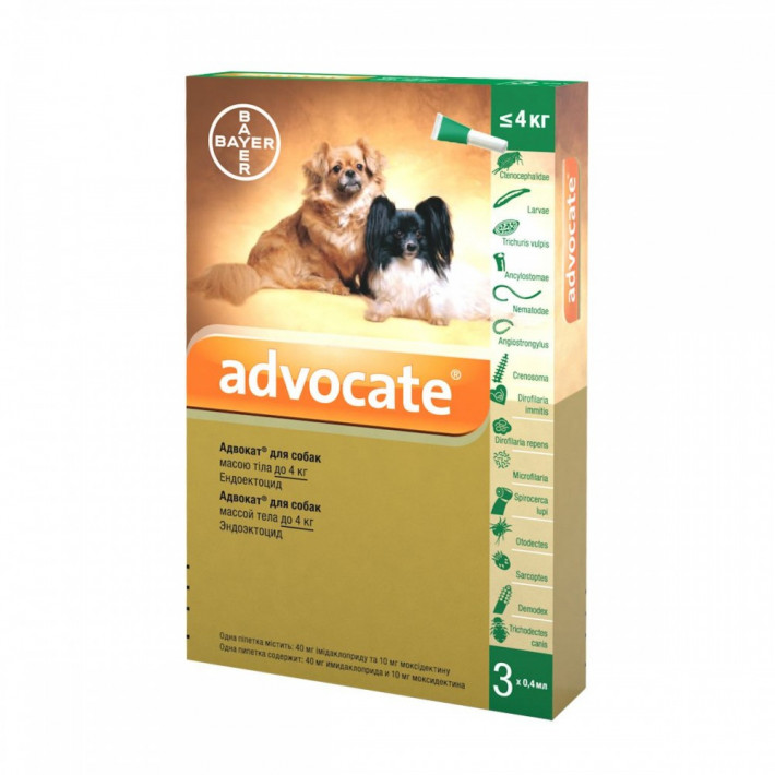 Адвокат для собак до 4 кг (3 піпетки по 0,4 мл) від Bayer