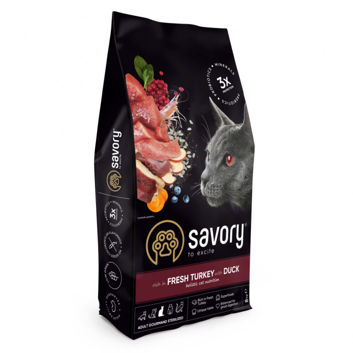 Корм сухий Savory Adult Cat Steril Fresh Turkey and Duck для стерилізованих котів, 8 кг