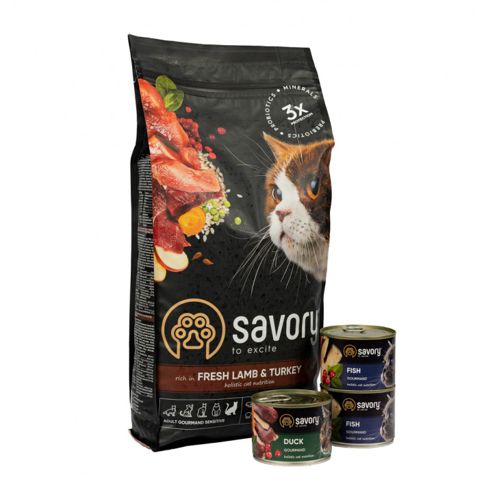 Набір Savory: сухий корм для котів з чутливим травленням 2кг + консерви - фото №4