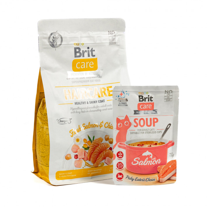 Набор Brit Care GF Haircare для котов: сухой корм и суп - фото №2