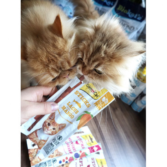 Ласощі GimCat М’ясні палички для котів, з лососем та манго, 3 шт по 5 г