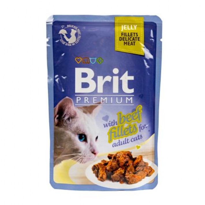 Вологий корм Brit Premium Cat Pouch для котів, філе яловичини в желе, 85 г