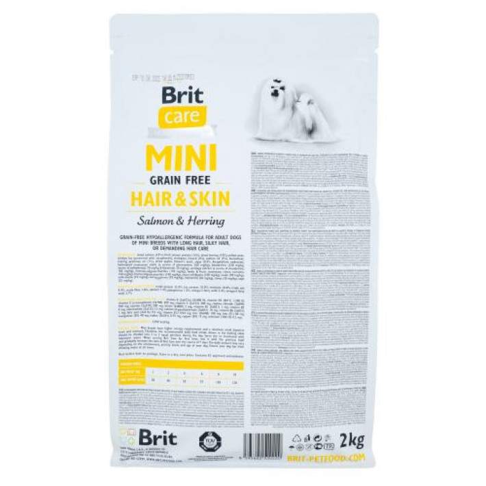 Сухий корм Brit Care GF Mini Hair & Skin для собак мініатюрних порід, для шкіри та шерсті, з лососем та оселедцем, 2 кг