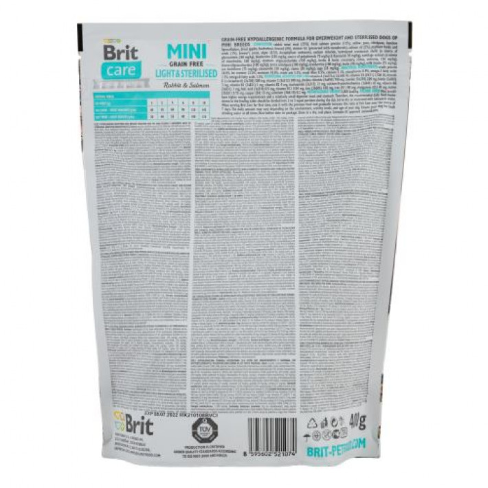 Сухий корм Brit Care GF Mini Light & Sterilised для дорослих собак дрібних порід із зайвою вагою або стерилізованих, з кроликом та лососем, 400 г
