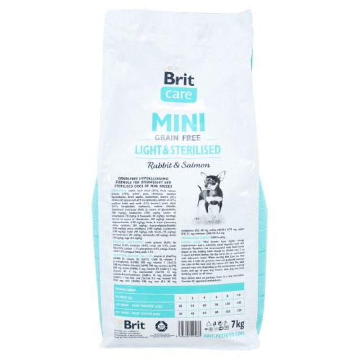 Сухий корм Brit Care GF Mini Light & Sterilised для дорослих собак дрібних порід із зайвою вагою або стерилізованих, з кроликом та лососем, 7 кг