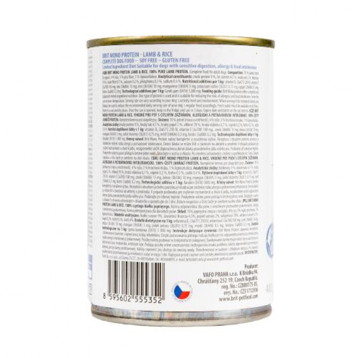 Вологий корм Brit Mono Protein Lamb & Rice для собак, з ягнятиною та рисом, 400 г