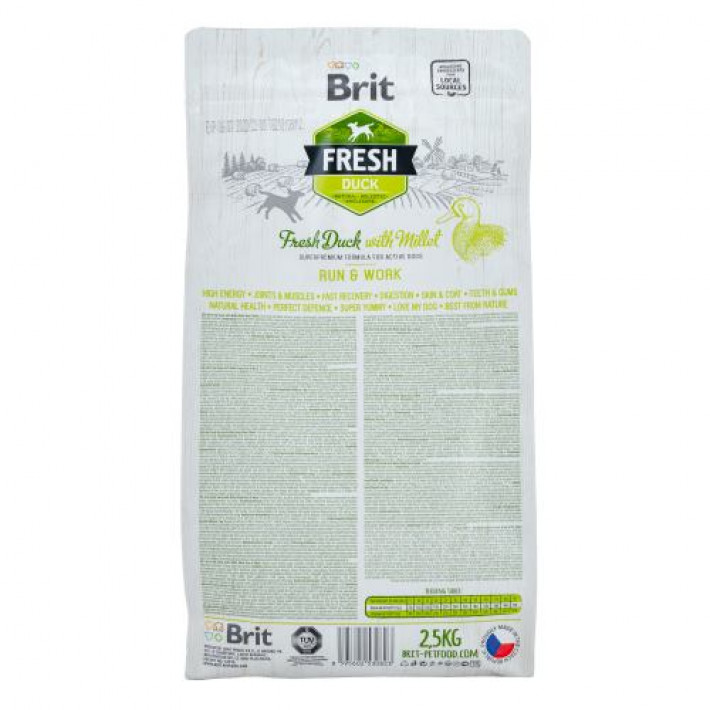Сухий корм Brit Fresh для дорослих активних собак, з качкою та пшоном, 2,5 кг