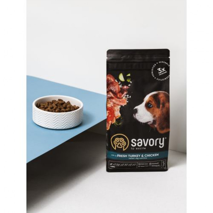 Сухий корм Savory Puppy для цуценят усіх порід, зі свіжою індичкою і куркою, 1 кг