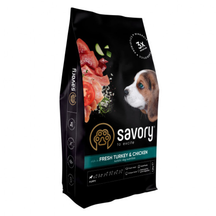Сухий корм Savory Puppy для цуценят усіх порід, зі свіжою індичкою і куркою, 12 кг