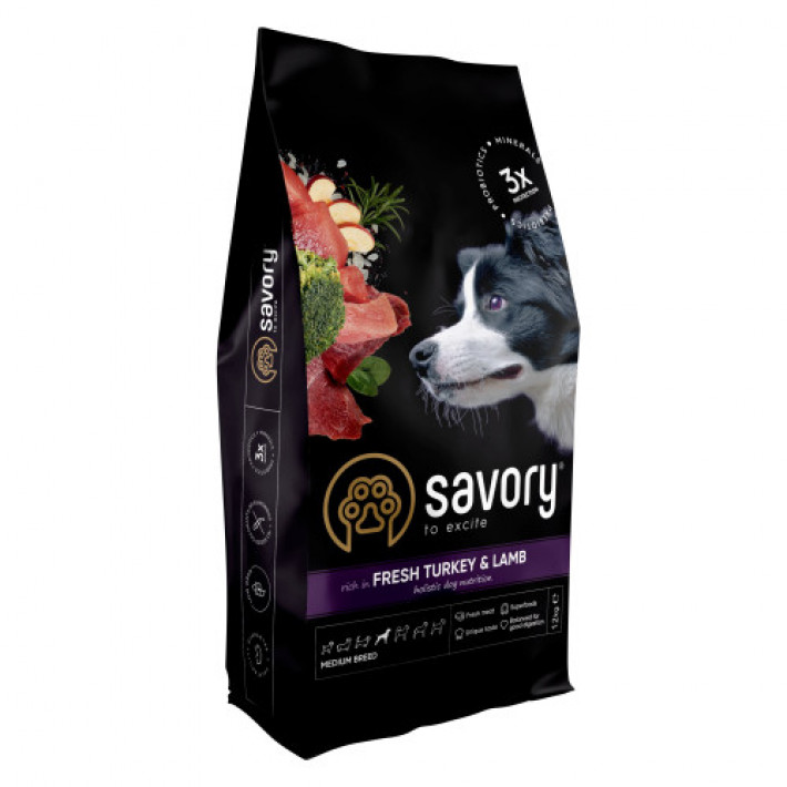Сухий корм Savory Medium для собак середніх порід, зі свіжим ягням та індичкою, 12 кг