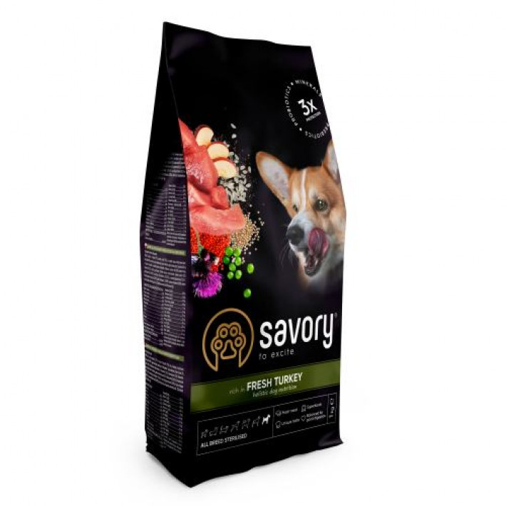 Сухий корм Savory All Breed для стерилізованих собак усіх порід, зі свіжою індичкою, 1 кг