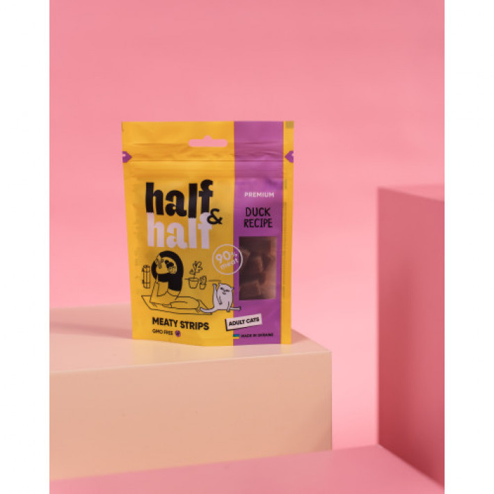 Ласощі для котів Half&Half у формі м'ясних смужечок з качкою, 50 г