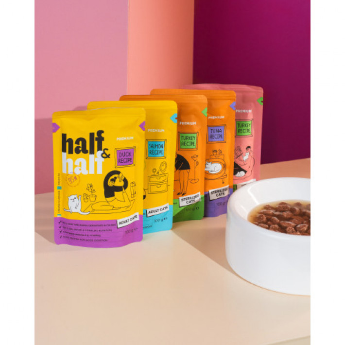 Корм вологий Half&Half для дорослих котів, шматочки з качкою у соусі у формі пауча, 100 г