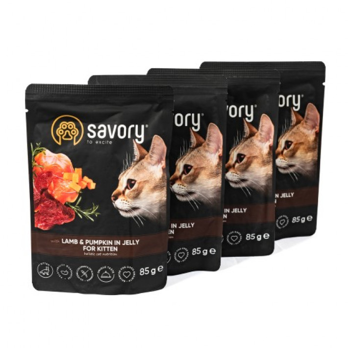 Набір паучів Savory Kitten "3+1" для кошенят, ягня з гарбузом у желе, 85 г