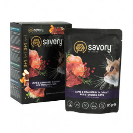 Набір вологих кормів Savory "3+1" для стерилізованих котів, ягня з журавлиною у соусі, паучі, 4 шт 85 г