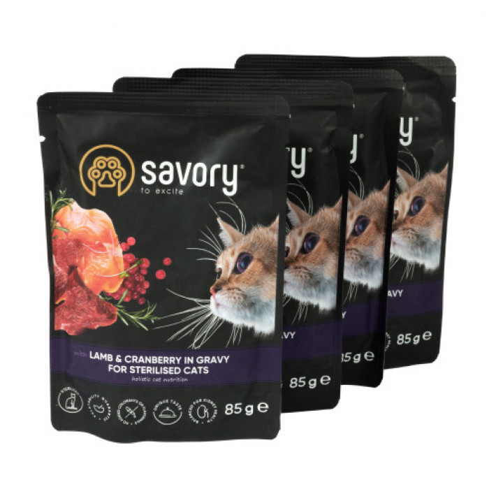 Набір вологих кормів Savory "3+1" для стерилізованих котів, ягня з журавлиною у соусі, паучі, 4 шт 85 г
