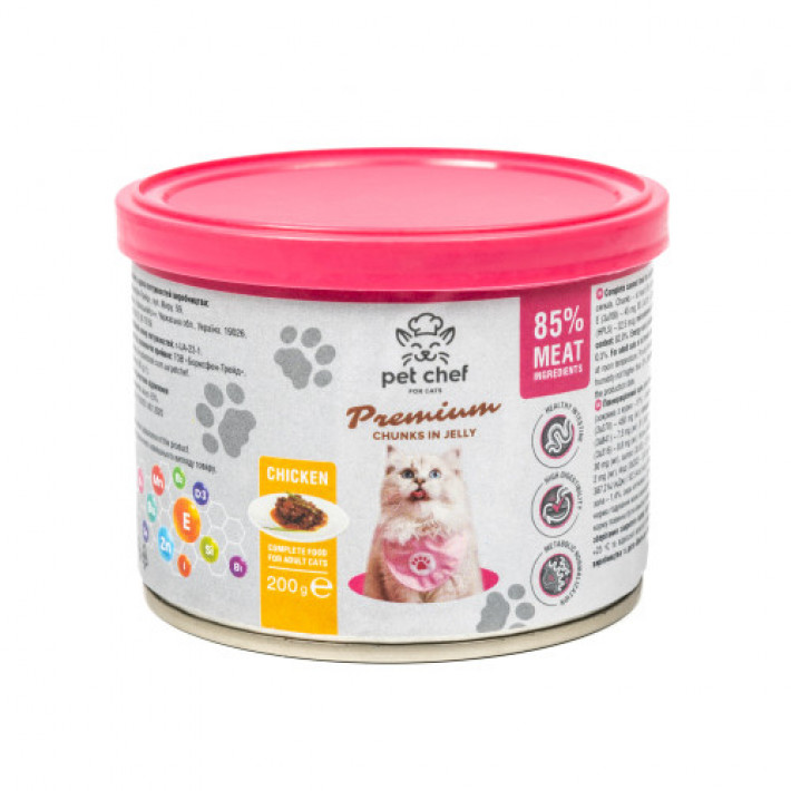 Корм вологий для дорослих котів Pet Chef, шматочки в желе з куркою 200 г