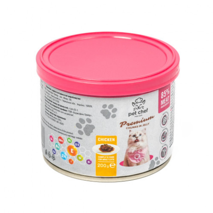 Корм вологий для дорослих котів Pet Chef, шматочки в желе з куркою 200 г