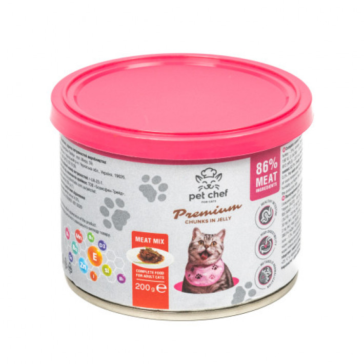 Корм вологий для дорослих котів Pet Chef, шматочки в желе М'ясний мікс 200 г
