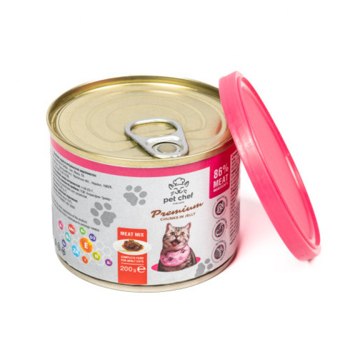Корм вологий для дорослих котів Pet Chef, шматочки в желе М'ясний мікс 200 г