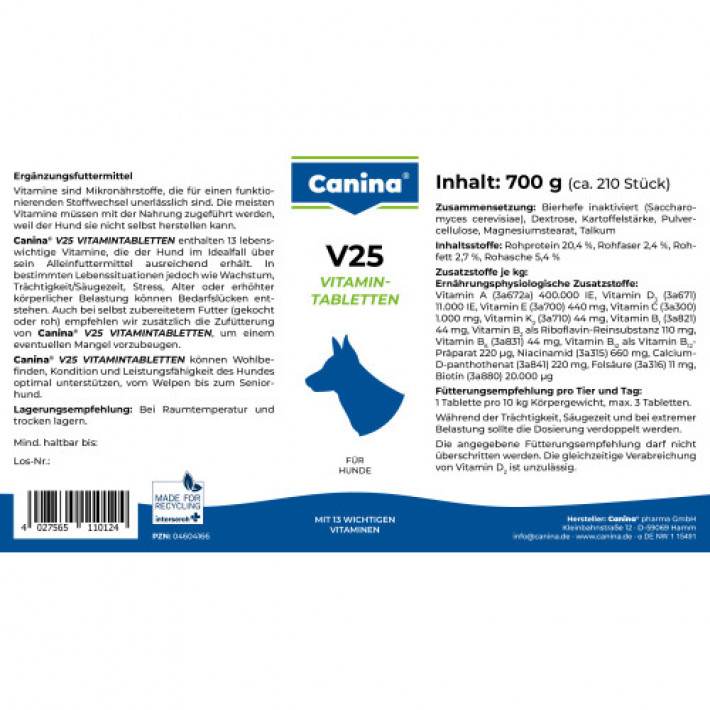 Вітаміни Canina V25 Vitamintabletten для собак, полівітамінний комплекс, 700 г (210 табл)