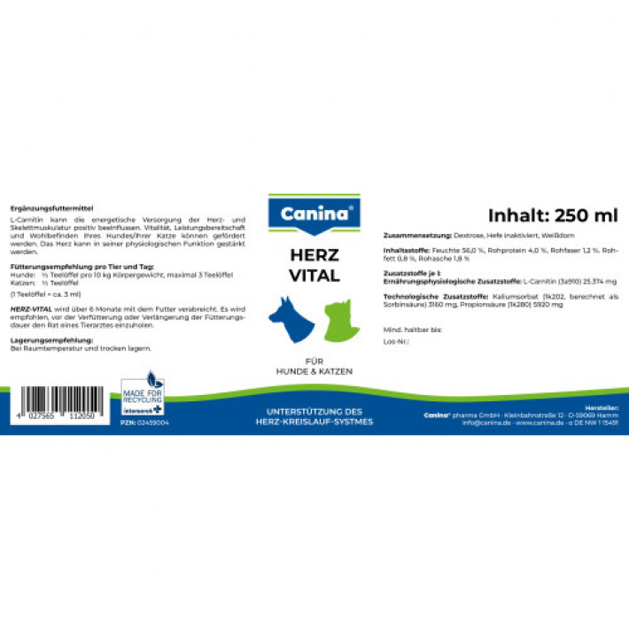 Вітаміни Canina Herz-Vital для собак та котів, підтримка серця, 250 мл
