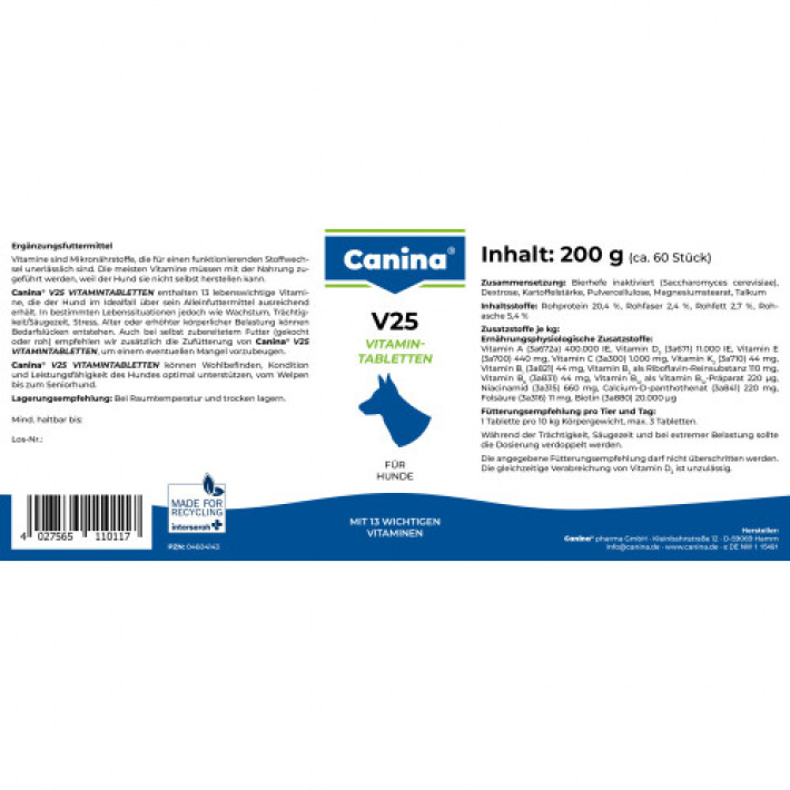 Вітаміни Canina V25 Vitamintabletten для собак, полівітамінний комплекс, 200 г (60 табл)