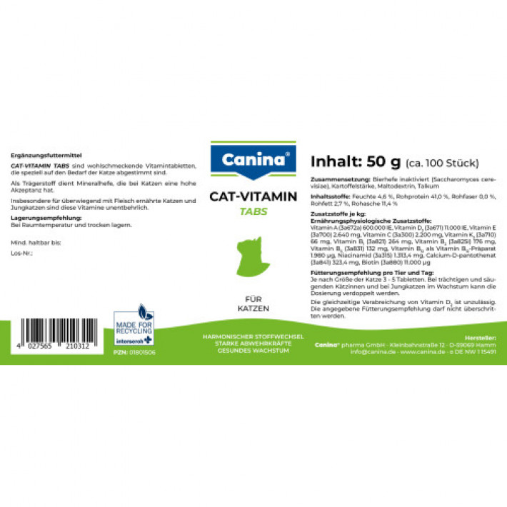 Вітаміни Canina Cat-Vitamin Tabs для котів, вітамінний комплекс, 50 г (100 табл)